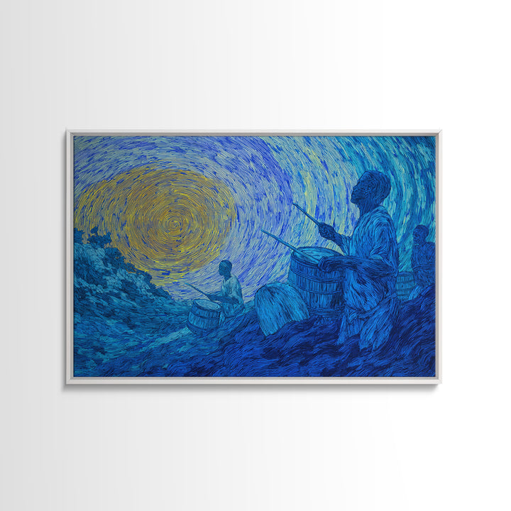 Blue African Drummers Beneath Swirling Sun Canvas Print, Tribal Music Wall Art, Afrocentric Decor, Cultural Home Gift For Him