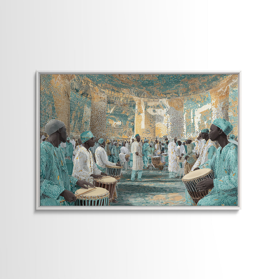 Turquoise African Drum Ceremony In Ornate Hall Framed Canvas Print, Afrocentric Wall Art, Cultural Decor, Luxury Home Gift