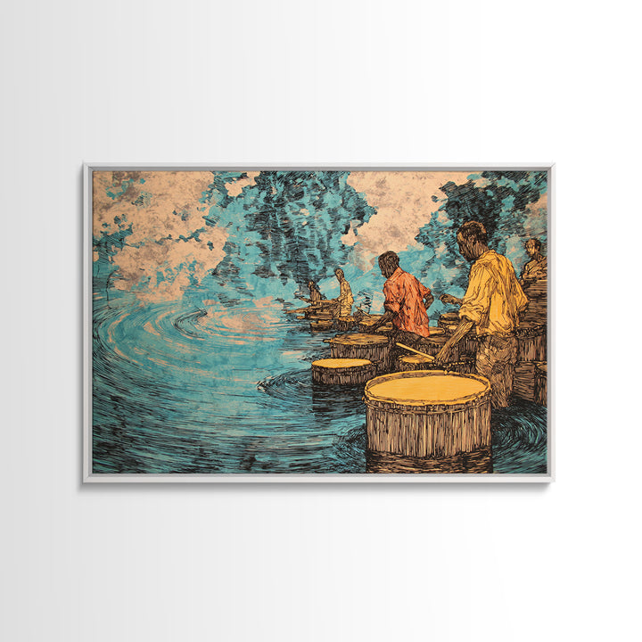 Waterside African Drummers With Blue Reflections Canvas Print, Afrocentric Music Art, Cultural Wall Decor, Unique Home Decor Gift