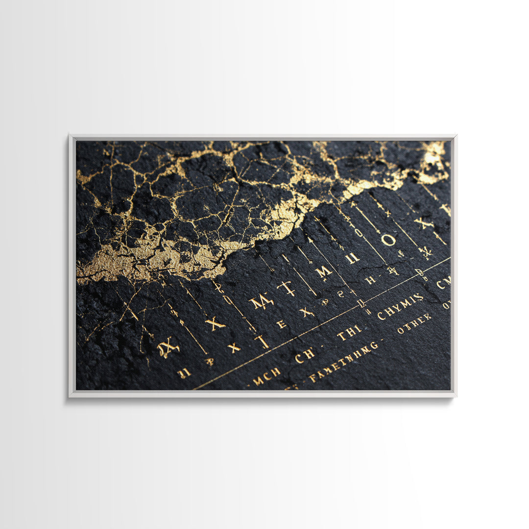 Black And Gold Ancient Map Detail Framed Canvas Print, African Inspired Wall Decor, Luxury Art, Mystic Office Decor Gift