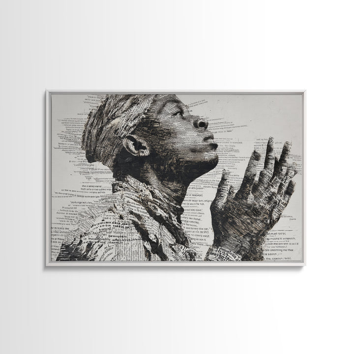 Praying Black Woman In Typography Portrait Wall Art, Spiritual Wall Decor, African American Art, Empowerment Gift For Her