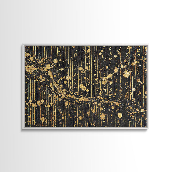 Black Gold Ancient Script Abstract Wall Art, African Inspired Luxury Canvas Decor, Textured Tribal Pattern Home Accent Print