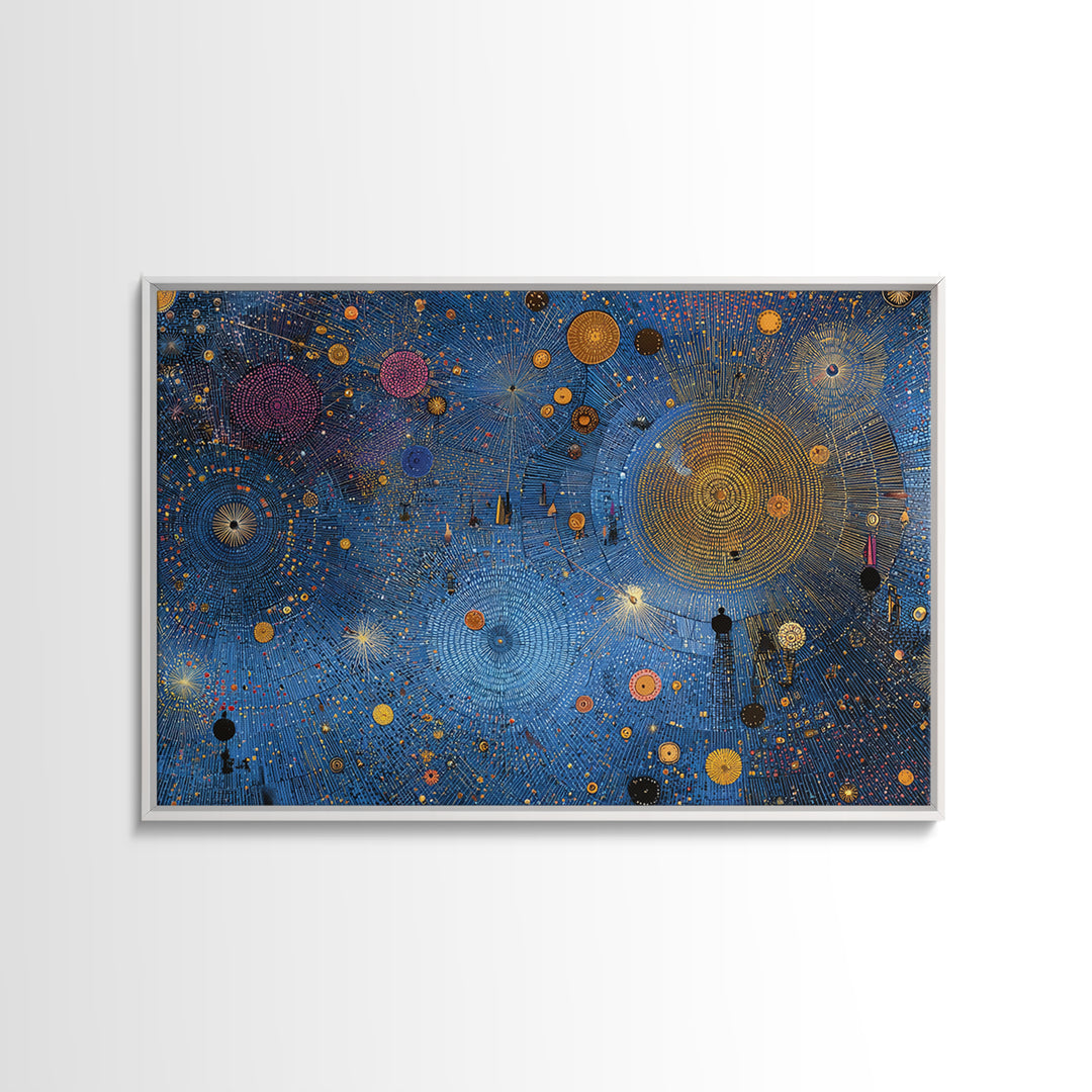 Blue Celestial Dot Pattern Canvas Print, Abstract African Art, Cosmic Tribal Wall Decor, Modern Cultural Home Decor Accent