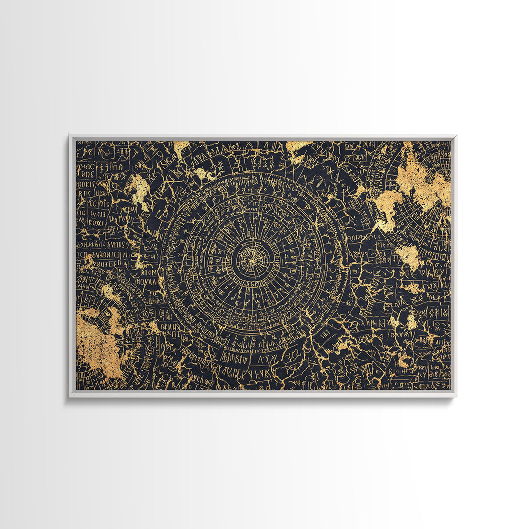 Gold Circular Ancient Map Wall Art, African Inspired Abstract Pattern, Tribal Astronomy Decor, Luxury Black Canvas Print