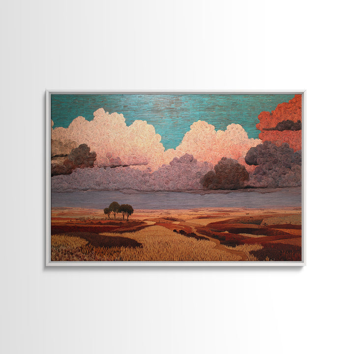 Dreamy African Savanna Landscape Canvas Print, Pink Cloud Sunset Wall Decor, Earth Tone Nature Scene Art For Living Room Gift