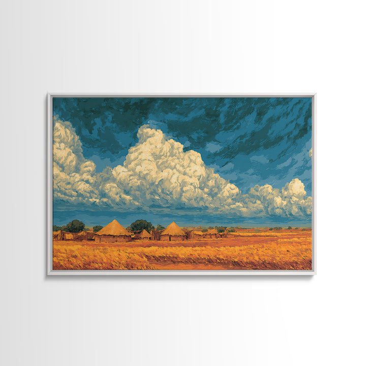 Golden African Village Landscape Framed Canvas Print, Dramatic Cloud Wall Decor, Safari Art For Warm Boho Home Decor Gift