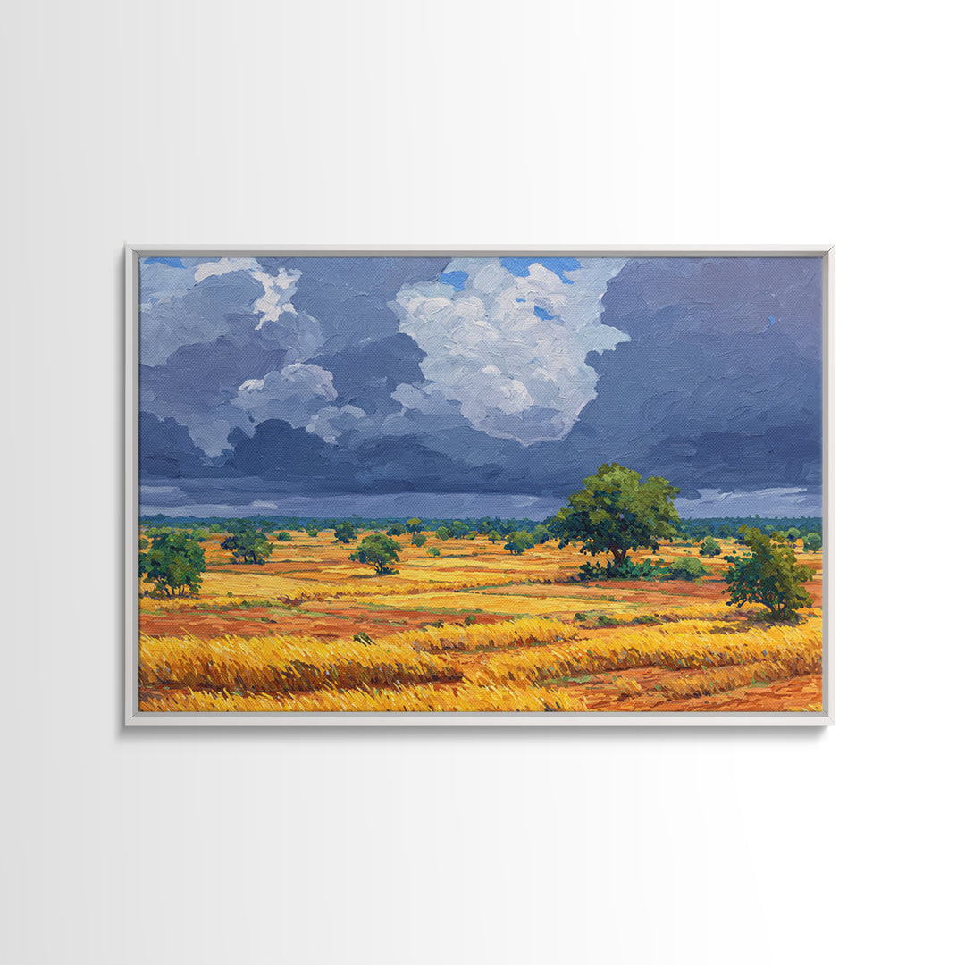 Golden African Plains Under Storm Clouds Canvas Print, Savanna Landscape Wall Art, Safari Decor, Modern Home Decor Gift For Him