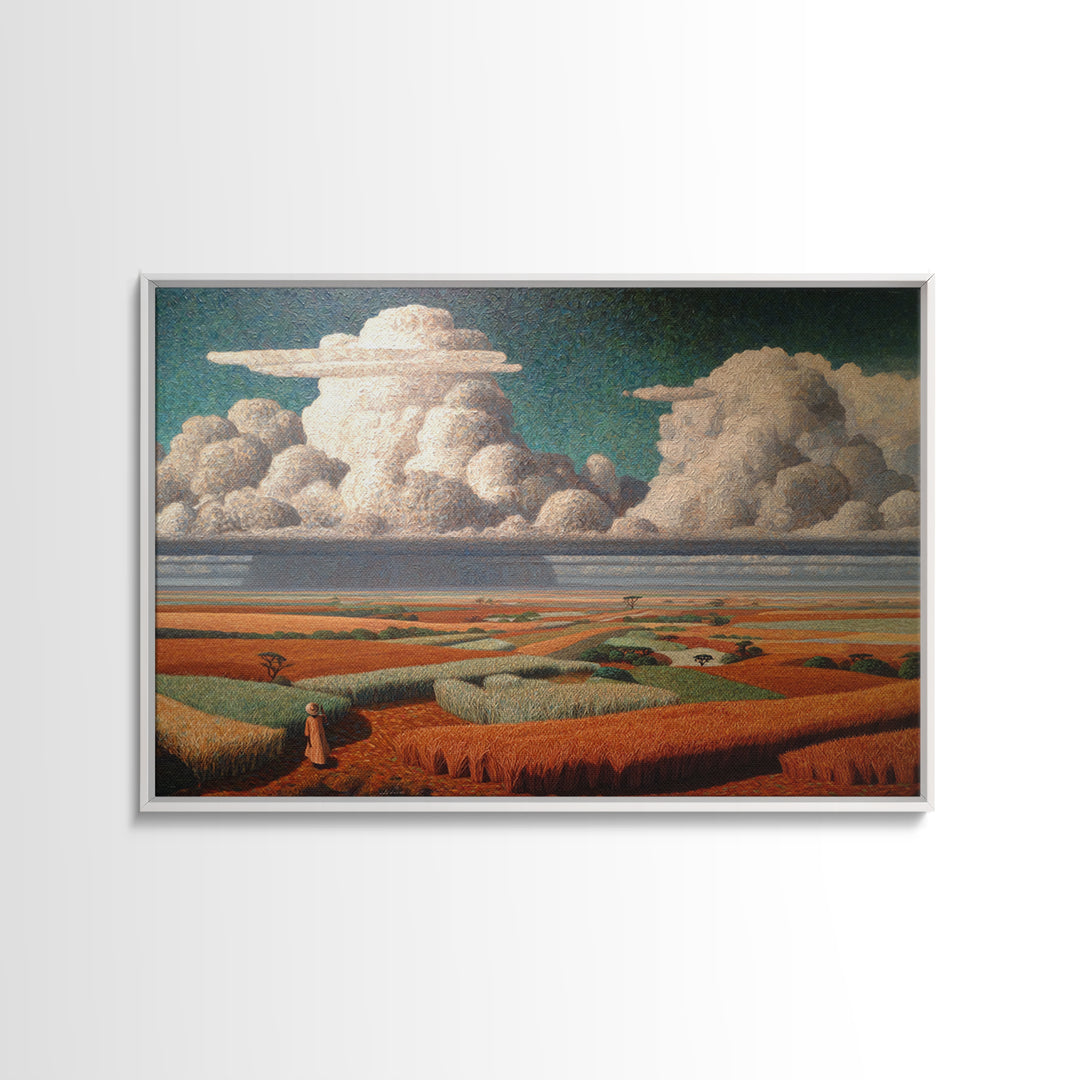 Patchwork Fields And Giant Clouds African Wall Art, Cultural Landscape Canvas Print, Earth Tone Decor, Unique Home Decor