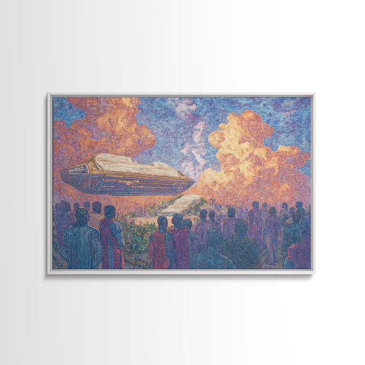 Afrofuturist Airship Above African Crowd Wall Art, Sci Fi Canvas Print, Black Culture Art, Bold Home Decor, Unique Gift For Him