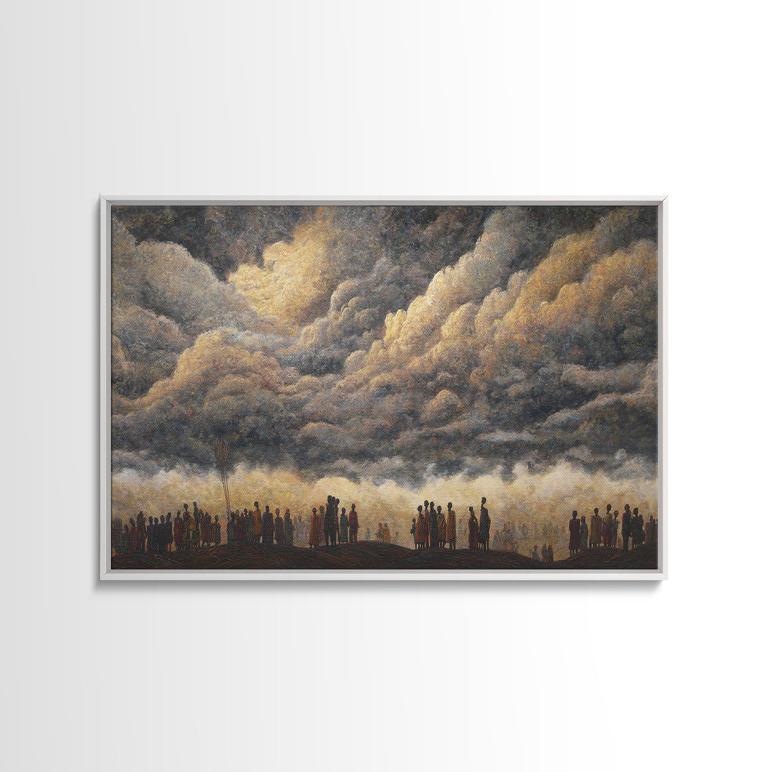 Gathered Silhouettes Under Thunderclouds Framed Canvas Print, African Wall Art, Spiritual Landscape, Statement Home Decor