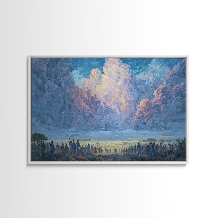 Blue Dawn Clouds Over African Gathering Wall Art, Modern African Art Canvas Print, Cultural Wall Decor, Meaningful Gift For Her