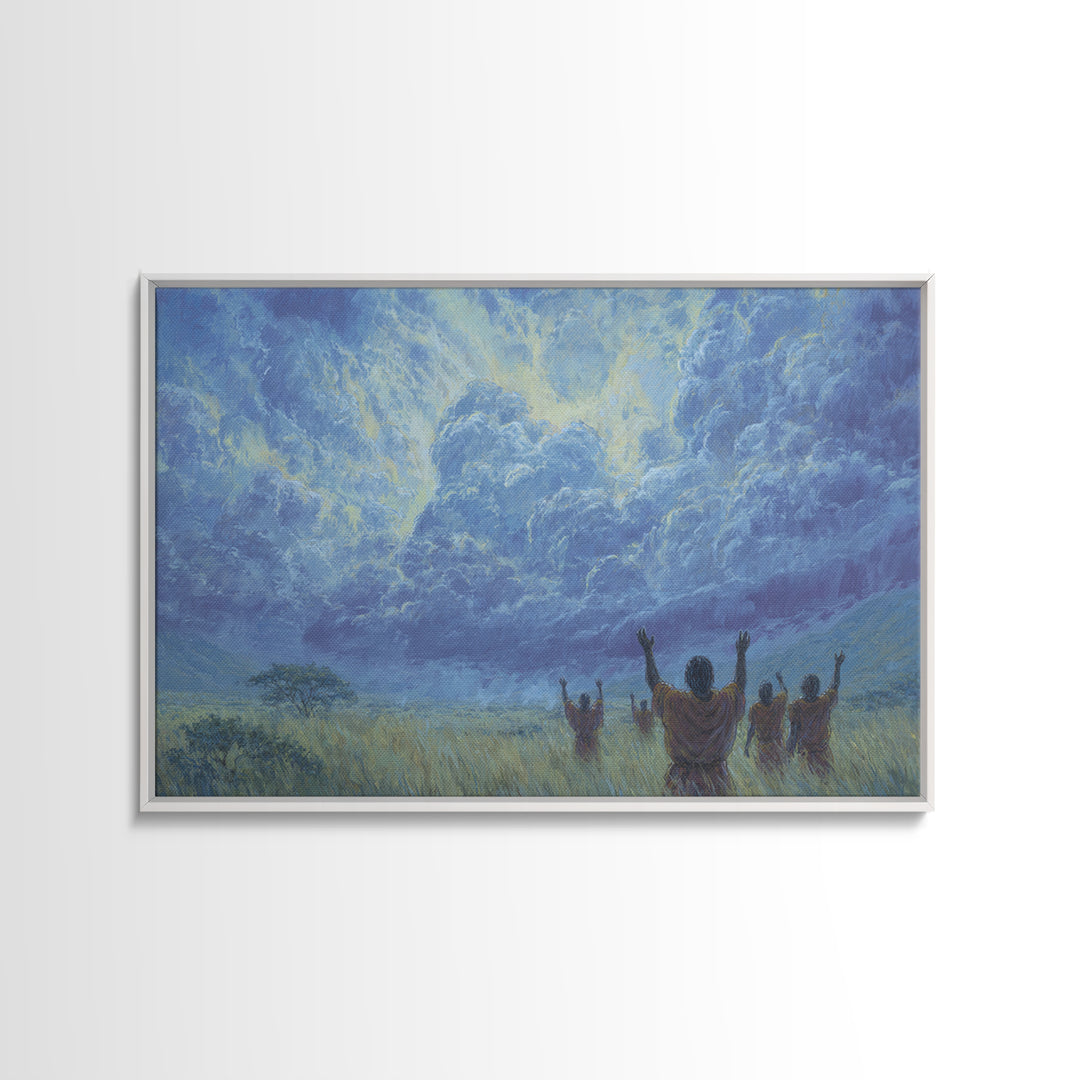 Figures Raising Hands To Radiant Blue Storm Wall Art, Spiritual African Canvas Print, Ancestral Decor, Prayer Room Art Gift