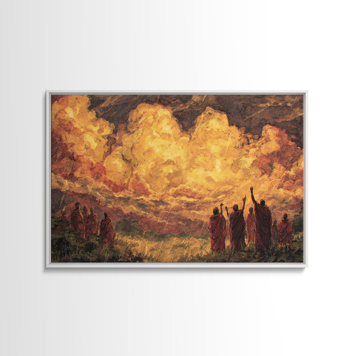Robed Figures Before Fiery Golden Clouds Canvas Print, African Wall Art, Spiritual Landscape, Burnt Orange Home Decor Gift