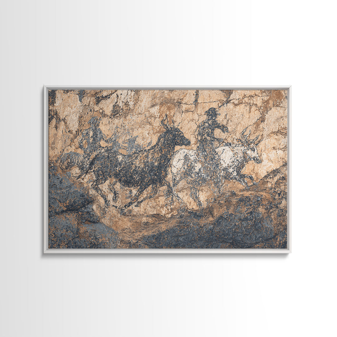 Ancient Cave Horse And Antelope Wall Art, African Safari Art Print, Rustic Rock Painting, Earth Tone Cultural Decor Gift