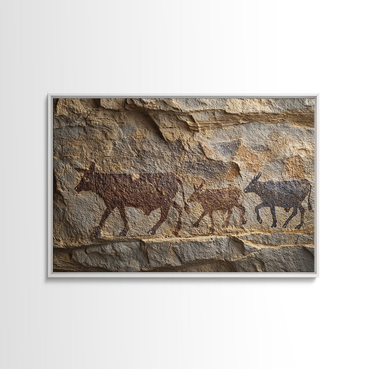 Stone Wall Herd Rock Painting Framed Canvas Print, African Animal Art, Rustic Tribal Art Decor, Cultural Home Decor Gift