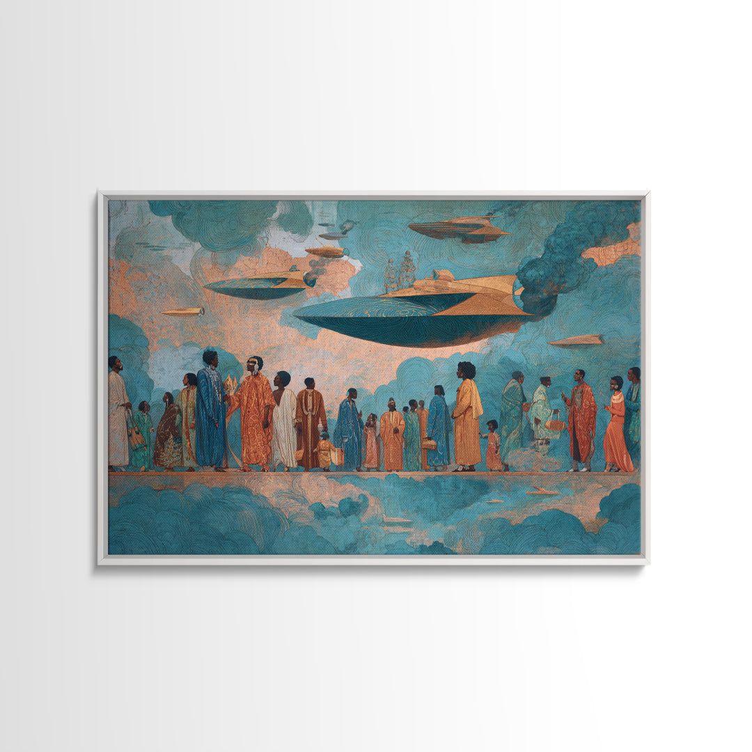 Afrofuturist Sky Procession Wall Art, Modern African Art, Black Culture Art Print, Teal Orange Contemporary Home Decor Gift