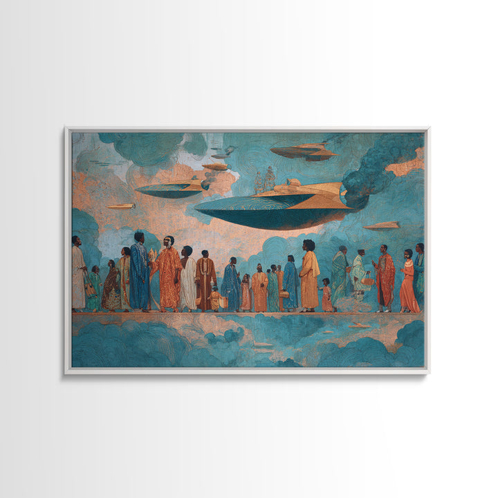 Afrofuturist Sky Procession Wall Art, Modern African Art, Black Culture Art Print, Teal Orange Contemporary Home Decor Gift