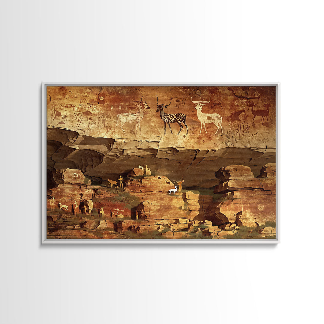 Ancient Canyon Cattle Cave Scene Canvas Print, African Safari Art, Tribal Rock Painting, Earth Tone Cultural Wall Decor Gift