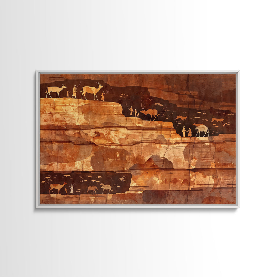 Desert Cliff Hunters And Antelope Wall Art, Ancient African Art Print, Terracotta Safari Decor, Rustic Cultural Wall Decor