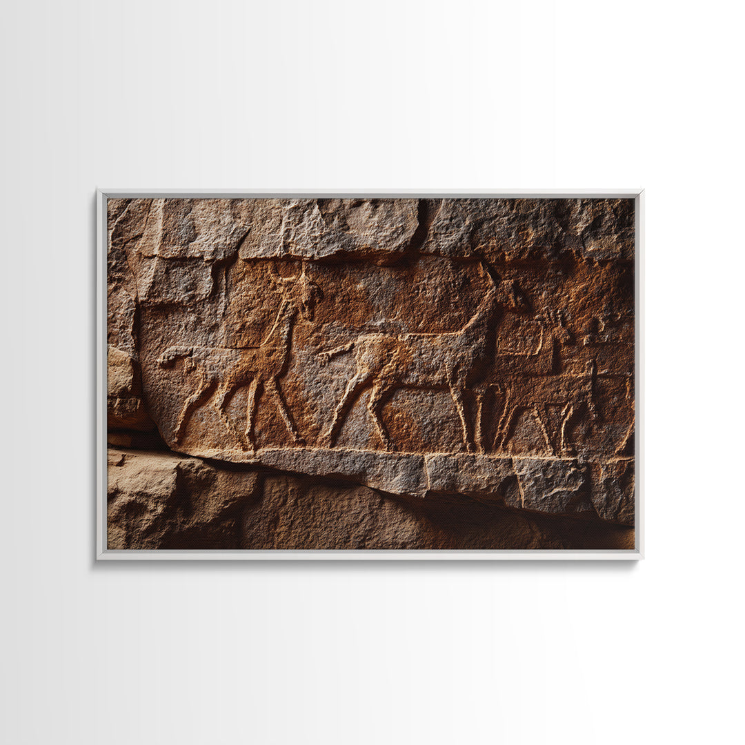 Carved Petroglyph Animal Procession Framed Canvas Print, African Tribal Art, Rustic Rock Wall Decor, Cultural Home Decor Gift