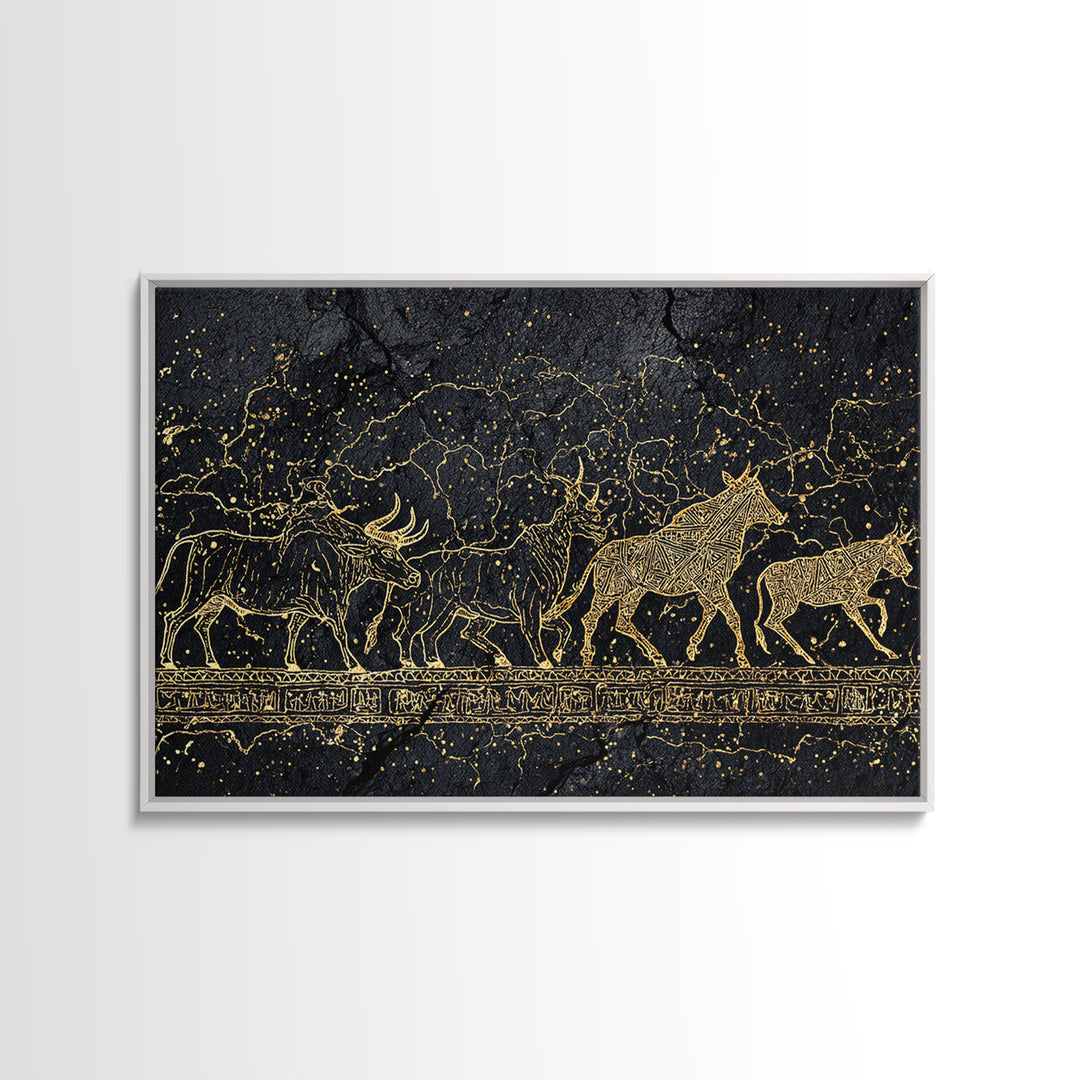 Gold Line Cattle Procession Wall Art, Black African Art, Tribal Animal Print, Luxury Canvas Decor, Modern Cultural Home Gift