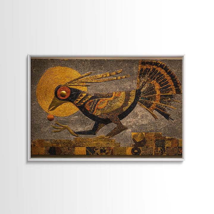 Golden Tribal Bird With Sun Wall Art, African Inspired Mosaic Canvas, Afrocentric Decor, Ethnic Pattern, Luxury Home Decor Gift