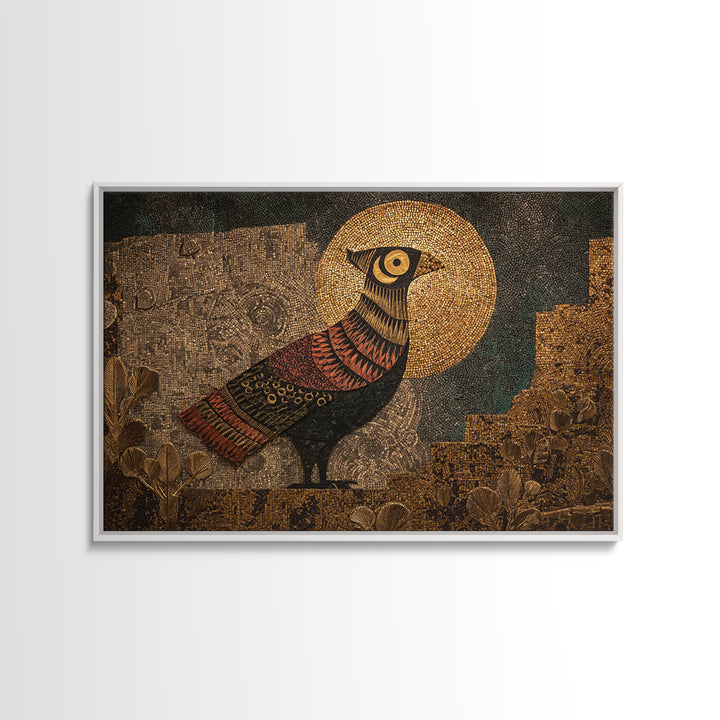 Halo Bird In Ancient Garden Wall Art, African Inspired Print, Gold Mosaic Texture, Boho Wall Decor, Ethnic Home Decor Gift