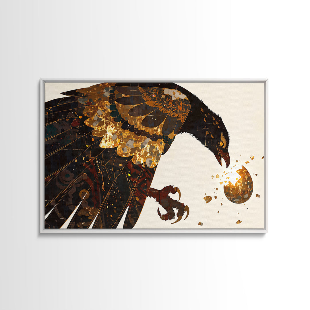 Golden Falcon Breaking Egg Canvas Print, Mythic Bird Wall Art, African Inspired Decor, Bold Contemporary Art, Unique Home Decor