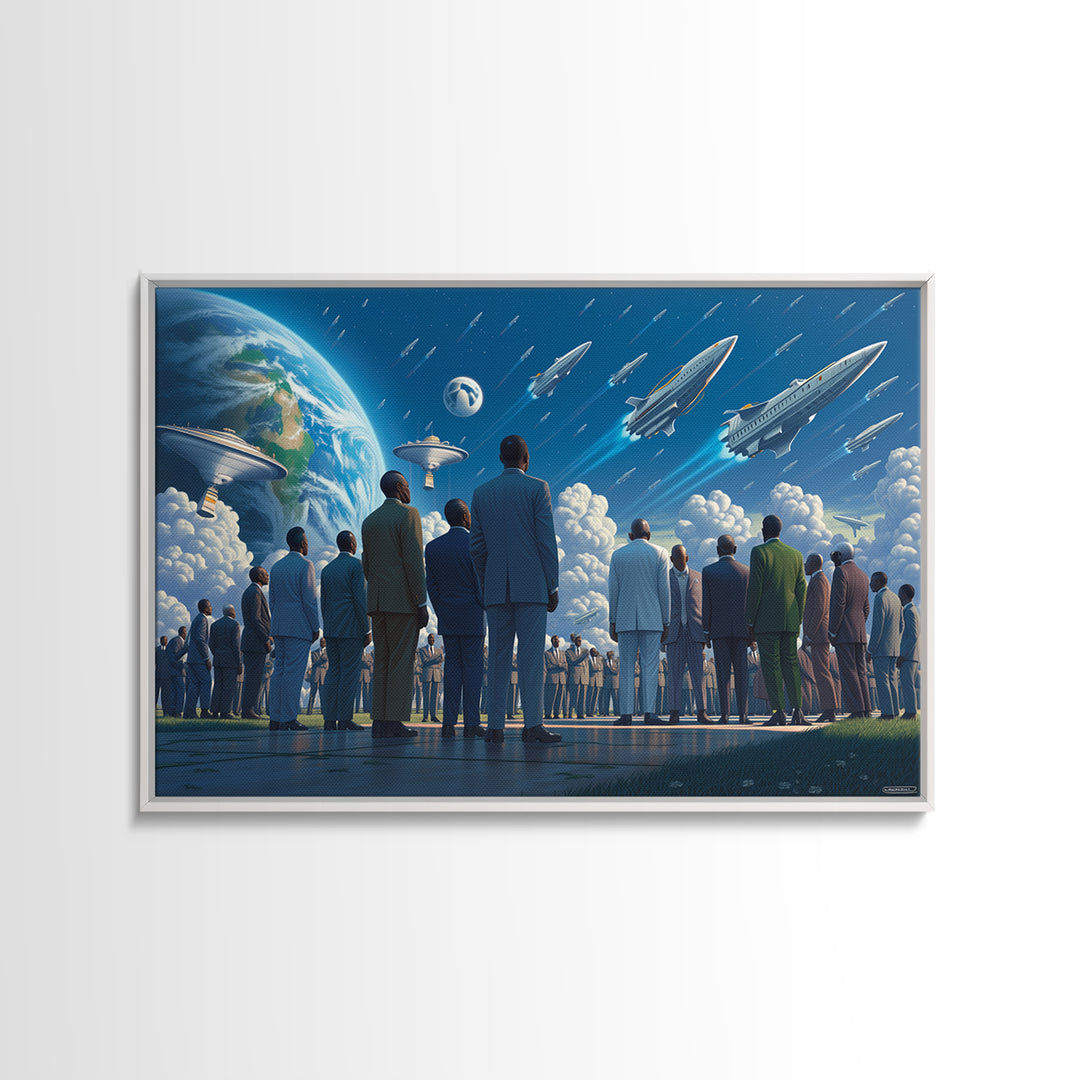 Afrofuturist Crowd Watching Spaceships Wall Art, Black Culture Art, Sci Fi African Inspired Canvas, Modern Statement Decor