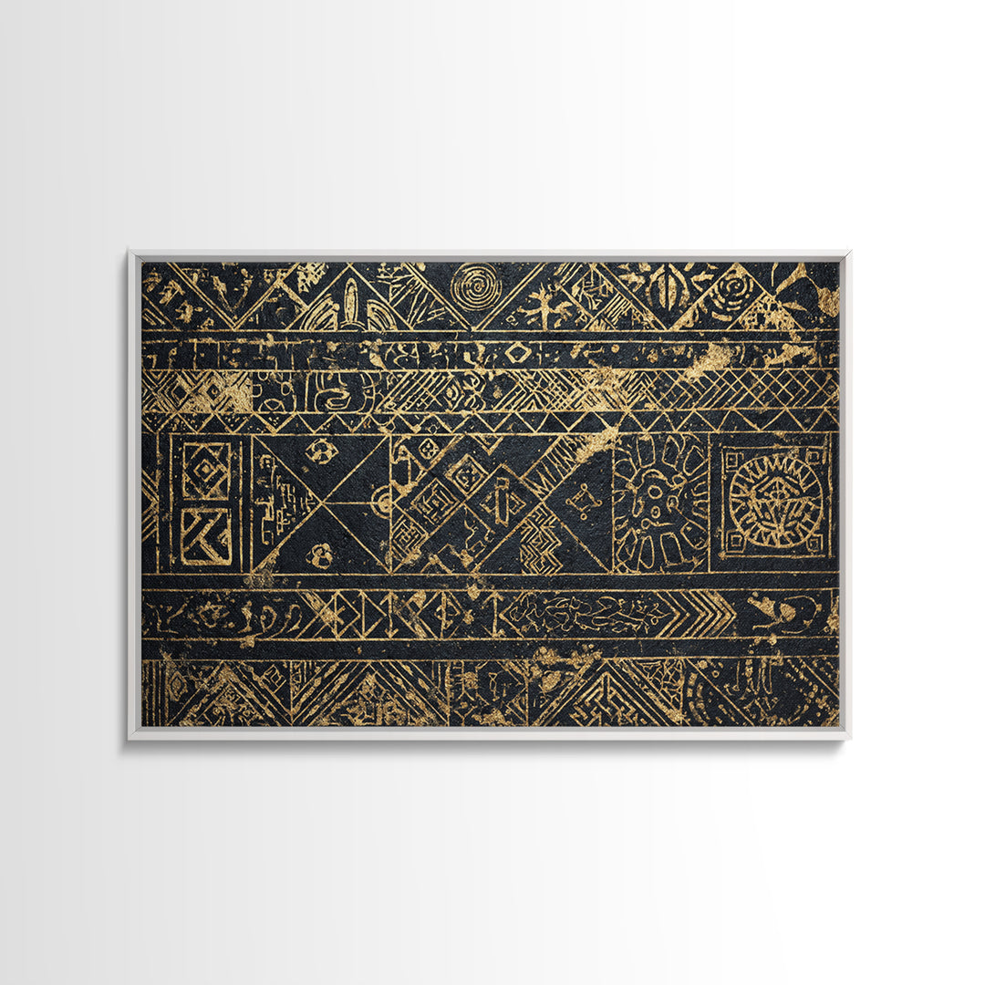 Black Gold Tribal Pattern Wall Art, African Abstract Geometric Canvas Print, Kuba Inspired Textile Art, Ethnic Wall Decor