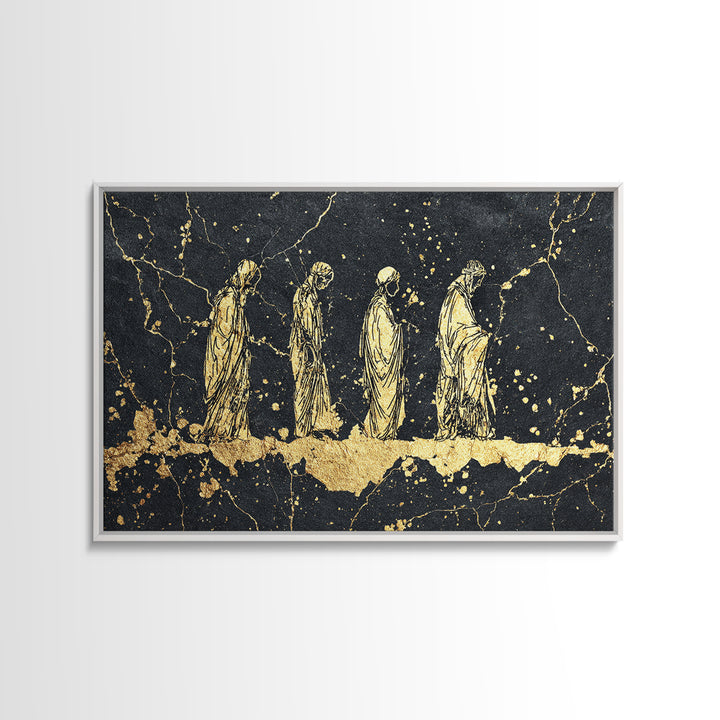 Gold Robed Ancestors On Black Marble Wall Art, African Tribal Art Print, Spiritual Diaspora Decor, Black And Gold Canvas