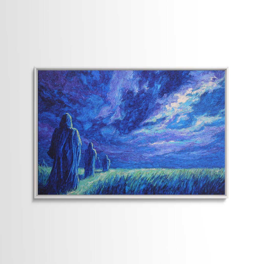 Blue Storm Pilgrims In Moonlit Grass Wall Art, African Landscape, Mystical Wall Art Print, Spiritual Home Decor Canvas Gift