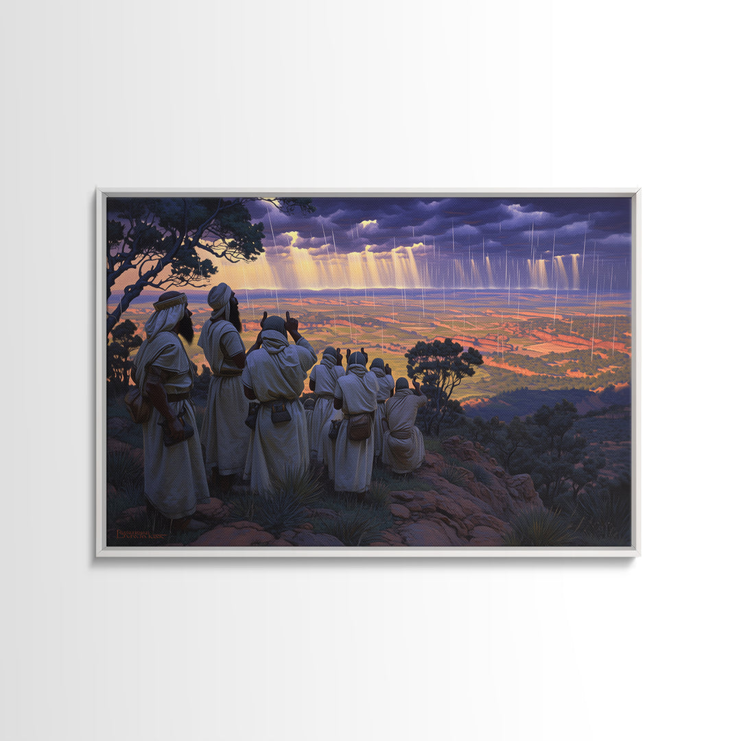 Robed Watchers Over Rainlit Valley Wall Art, African Landscape, Spiritual Wall Decor, Safari Art, Statement Canvas Print