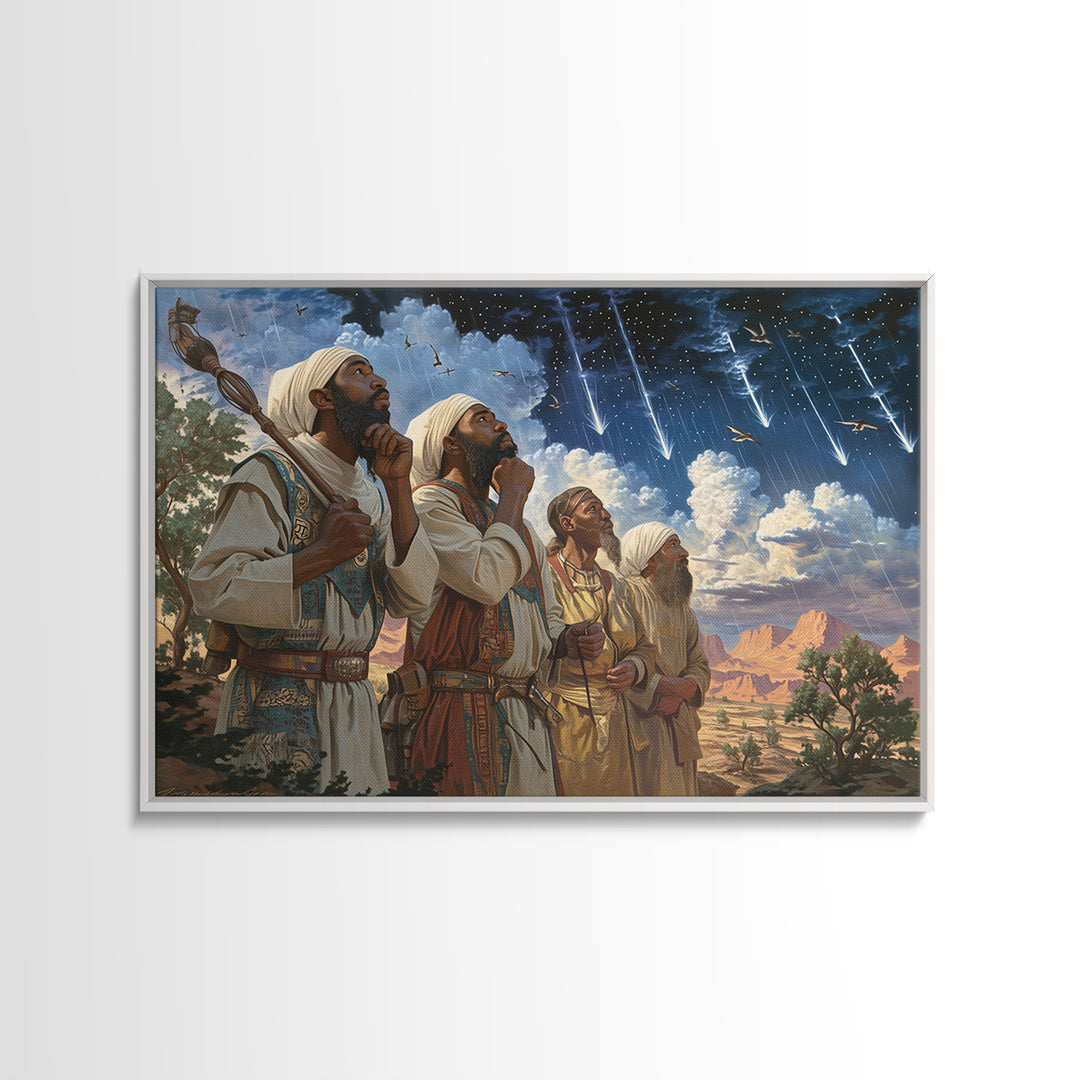Star Gazing Prophets Beneath Meteor Sky Framed Canvas Print, African Inspired, Spiritual Wall Art, Desert Home Decor Gift
