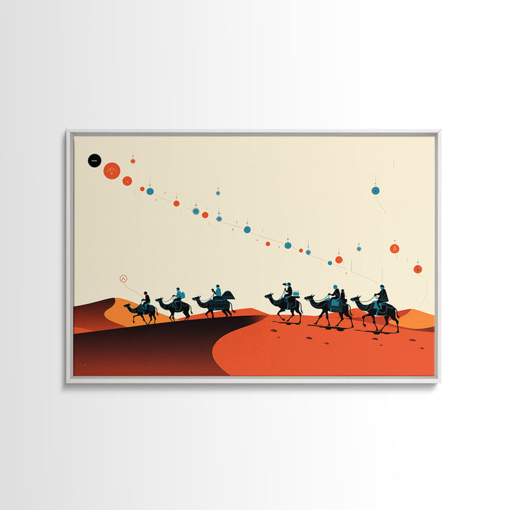 Minimal Camel Caravan Across Orange Dunes Wall Art, African Safari Art, Boho Desert Decor, Travel Poster Canvas Print Gift