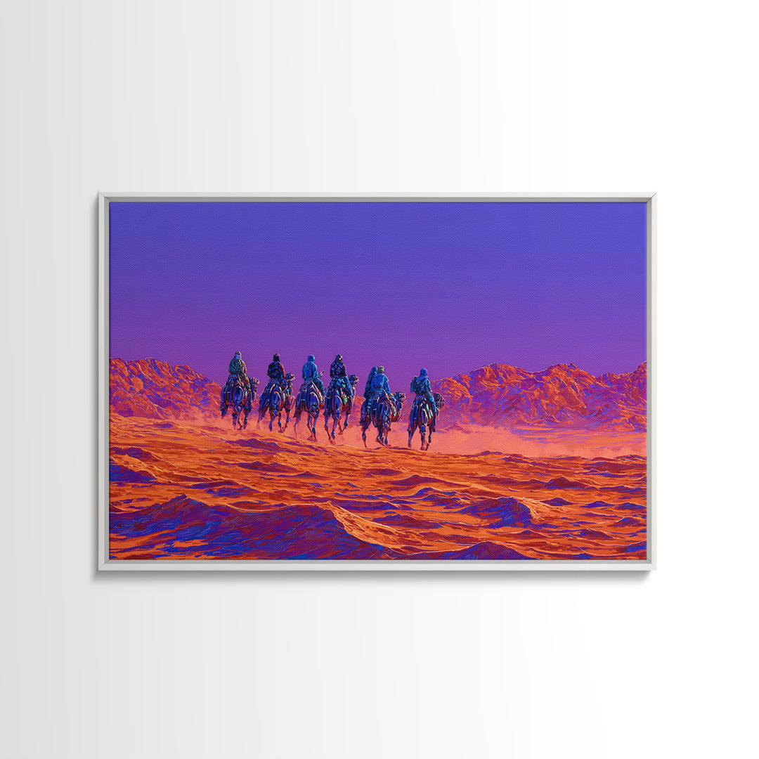 Violet Desert Riders Across Neon Dunes Wall Art, African Warrior Art, Vibrant Safari Decor, Modern Canvas Print Gift For Him