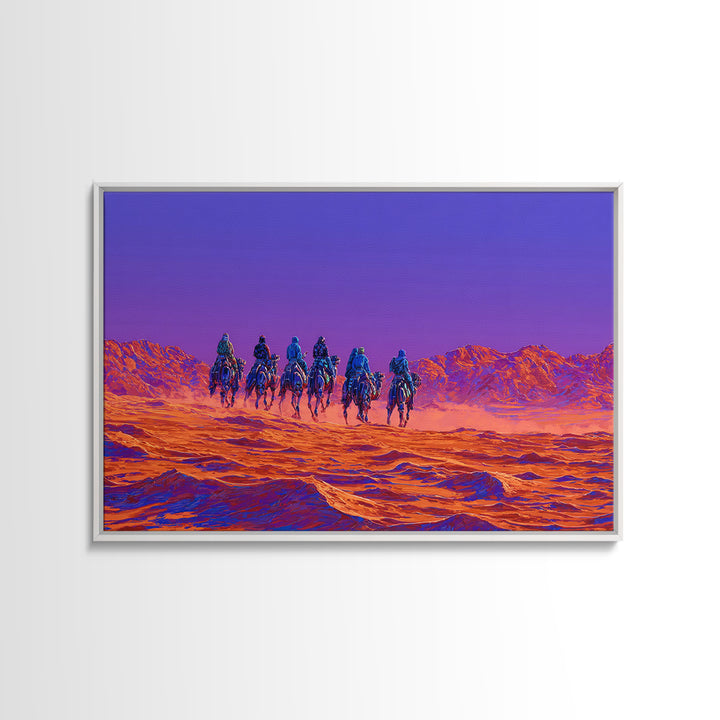 Violet Desert Riders Across Neon Dunes Wall Art, African Warrior Art, Vibrant Safari Decor, Modern Canvas Print Gift For Him