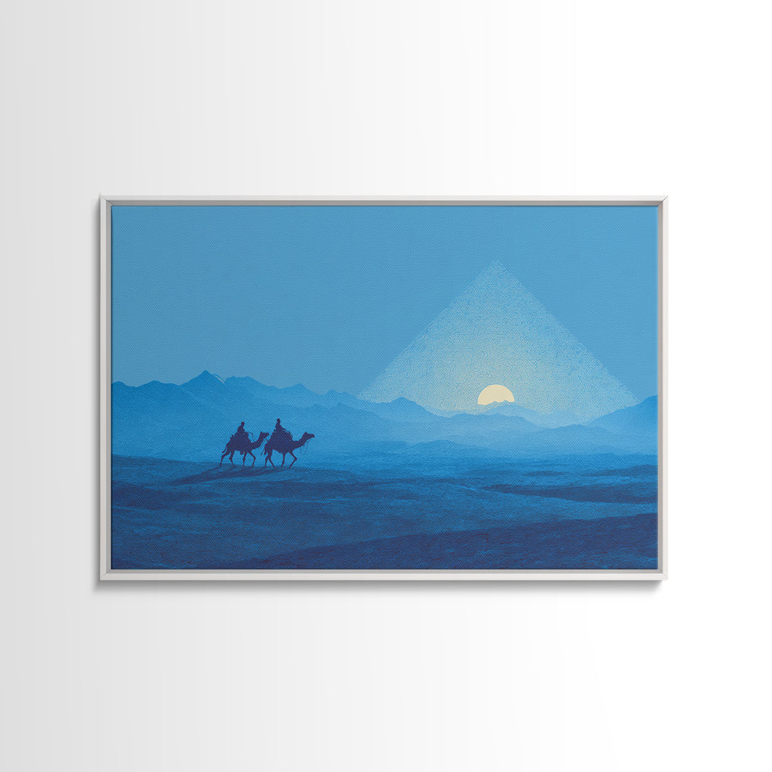 Blue Pyramid Camel Caravan At Sunrise Wall Art, African Egyptian Art, Minimalist Desert Poster, Travel Canvas Print Home Decor