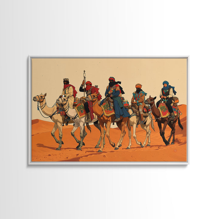 Tuareg Camel Caravan In Sahara Desert Wall Art, African Warrior Art, African Safari Decor, Boho Living Room Canvas Print