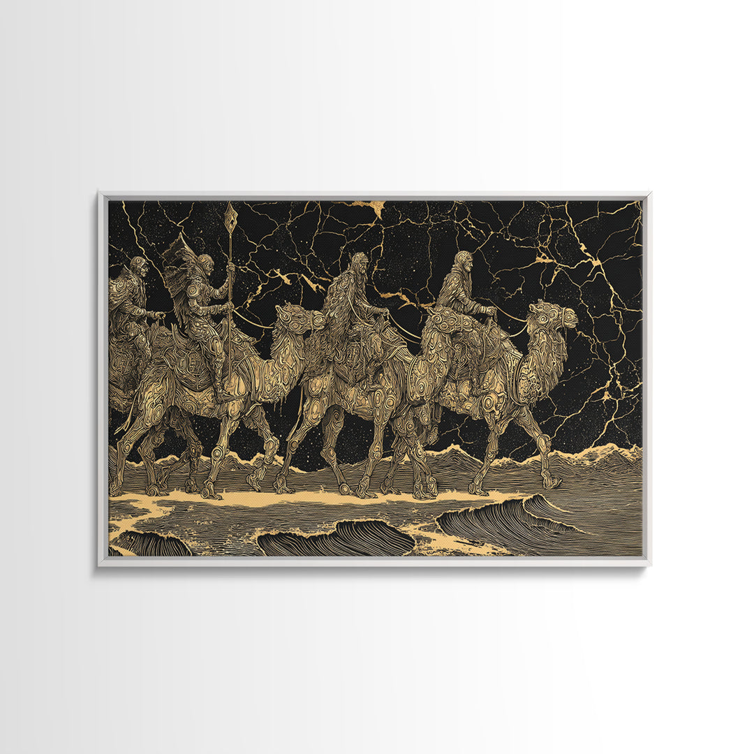 Gold Engraved Camel Caravan On Black Stone Wall Art, African Art Print, Desert Travel Decor, Luxury Canvas Print For Office Decor