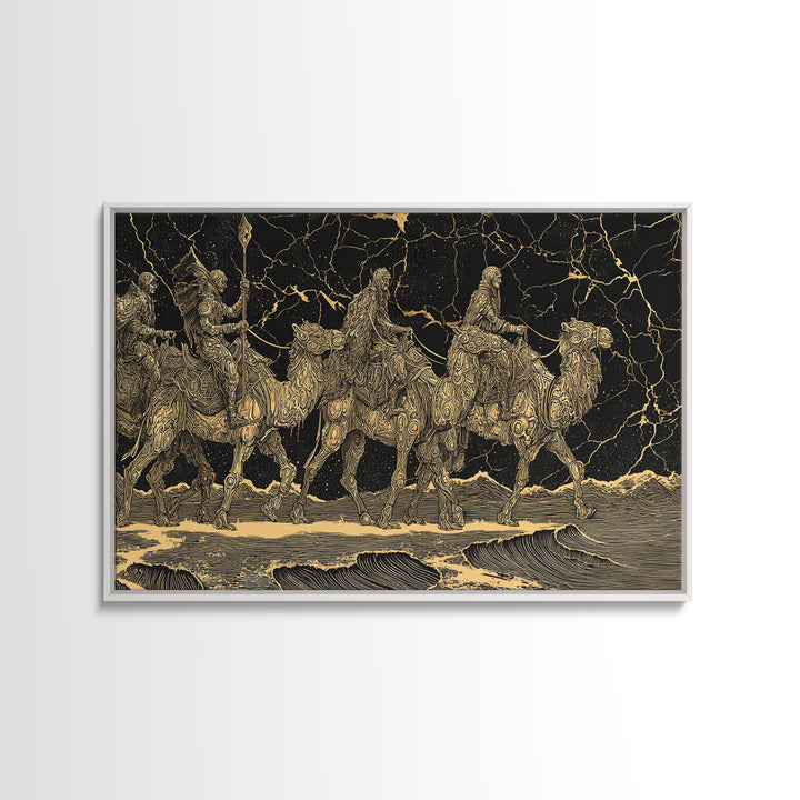 Gold Engraved Camel Caravan On Black Stone Wall Art, African Art Print, Desert Travel Decor, Luxury Canvas Print For Office Decor