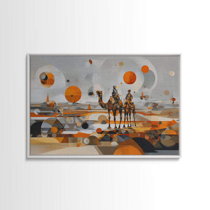 Abstract Geometric Camel Caravan In Orange Desert Wall Art, Modern African Art, Boho Living Room Decor, Canvas Print Gift