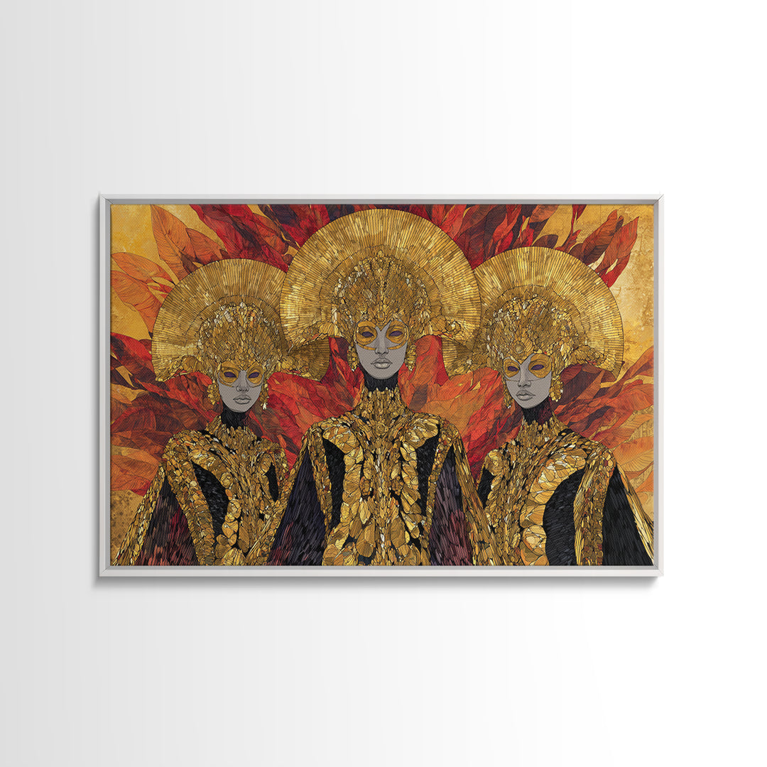 Three Golden African Queens With Leaf Crowns Wall Art, Black Woman Art, Afrocentric Decor, Luxury Framed Canvas Print Gift