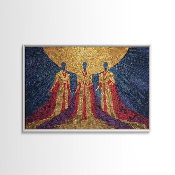 Celestial African Trinity Under Golden Sun Wall Art, Spiritual Afrocentric Art, Black Goddess Decor, Framed Canvas Print