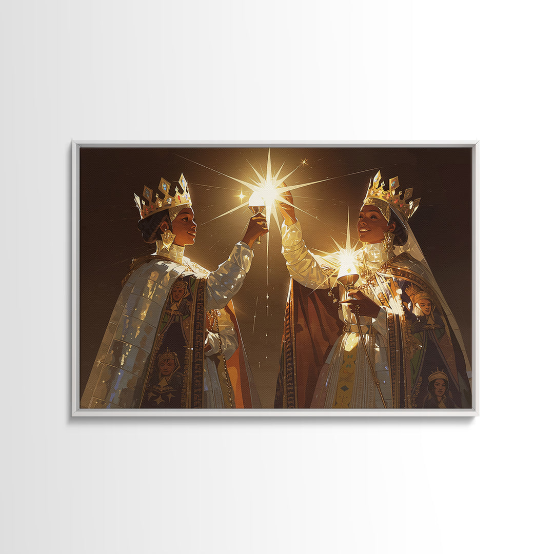 Two Crowned African Queens Toasting Starlight Wall Art, Black Women Art, Elegant Gold Decor, Premium Canvas Print For Her