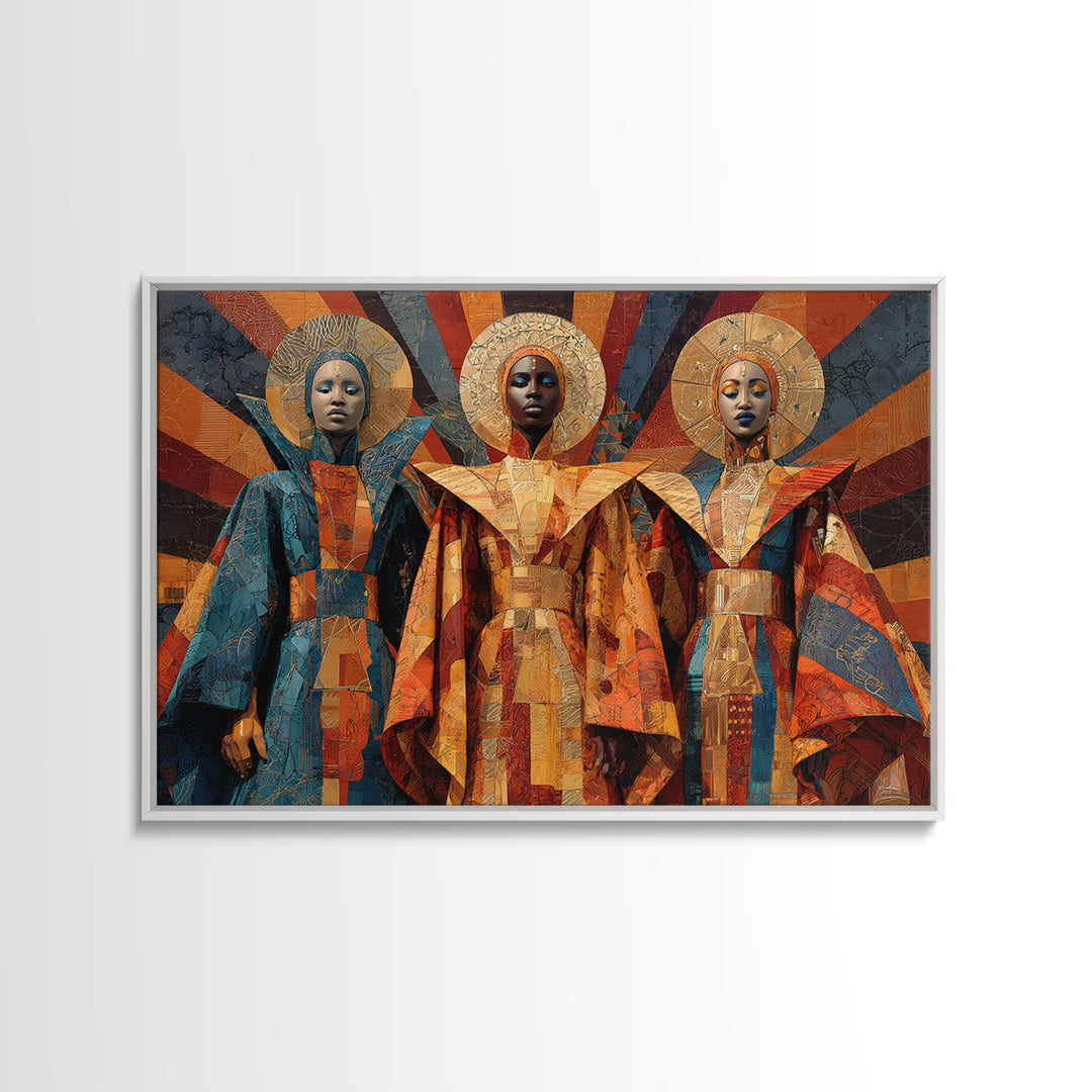 Afrofuturist African Queens In Geometric Robes Wall Art, Modern Black Art, Cultural Home Decor, Framed Canvas Print Gift