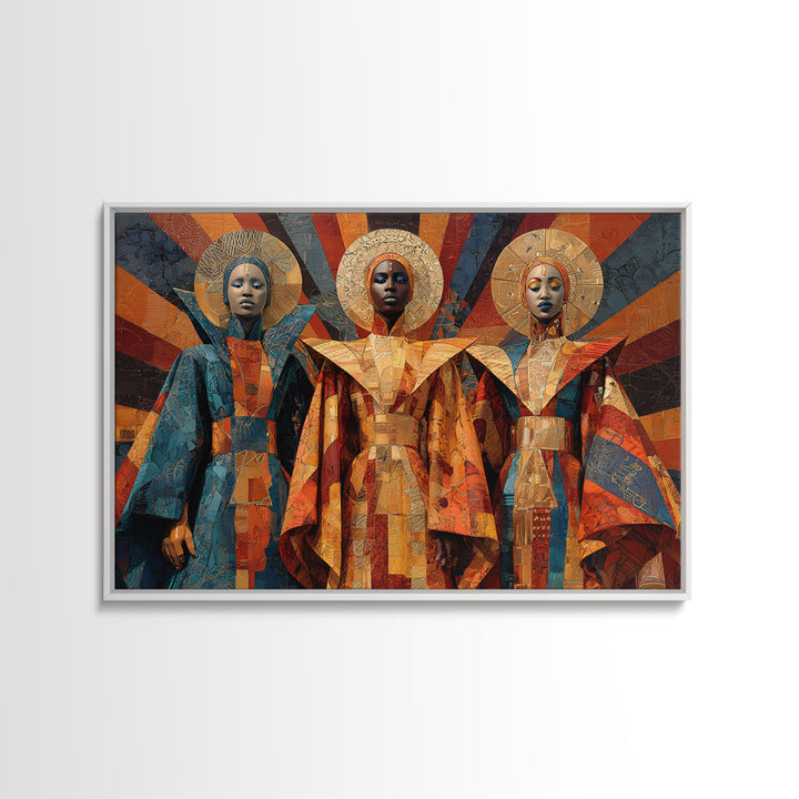 Afrofuturist African Queens In Geometric Robes Wall Art, Modern Black Art, Cultural Home Decor, Framed Canvas Print Gift