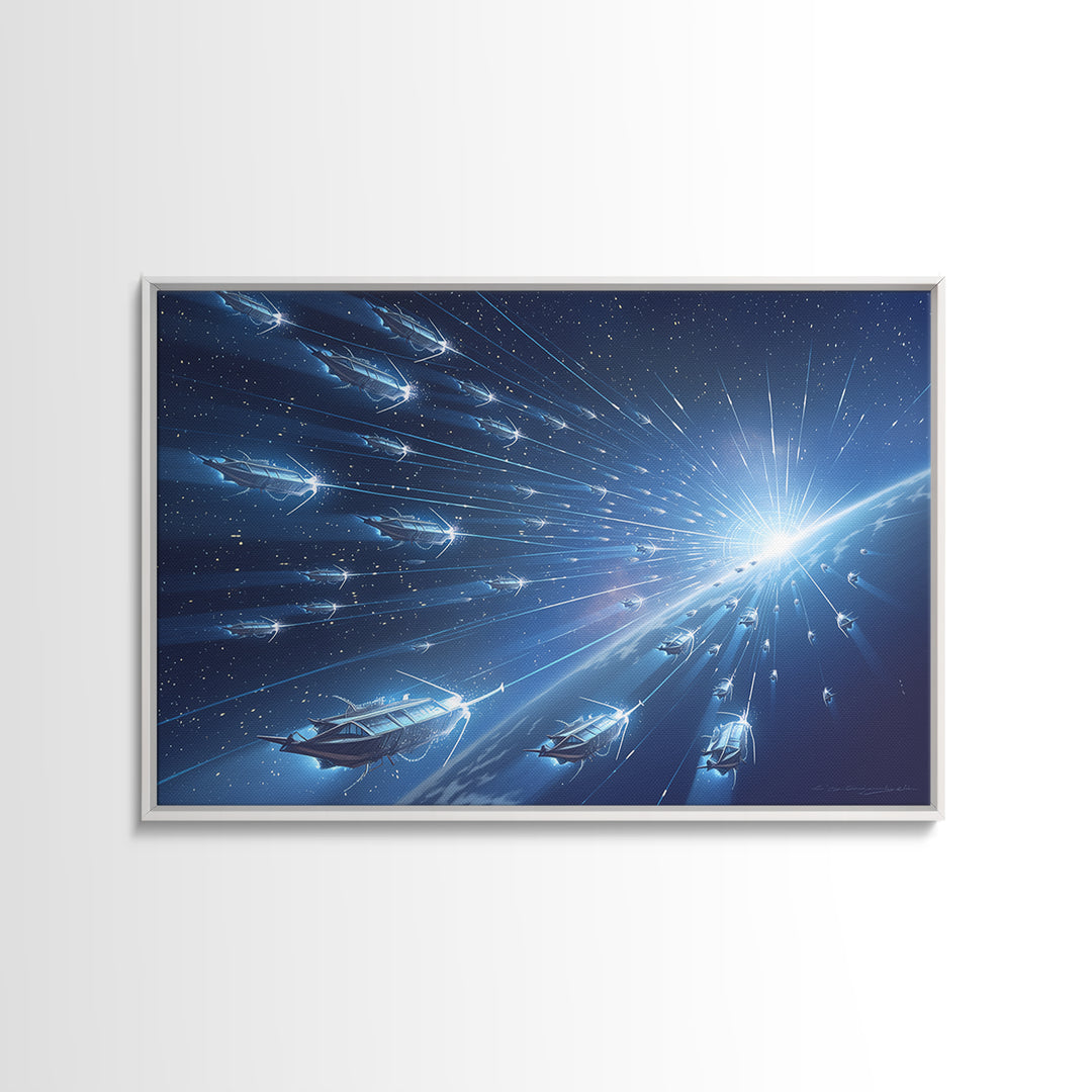 Blue Starship Fleet Racing Toward Sunrise Wall Art, Afrofuturism Decor, Sci Fi Space Art, Modern Canvas Print For Office Decor