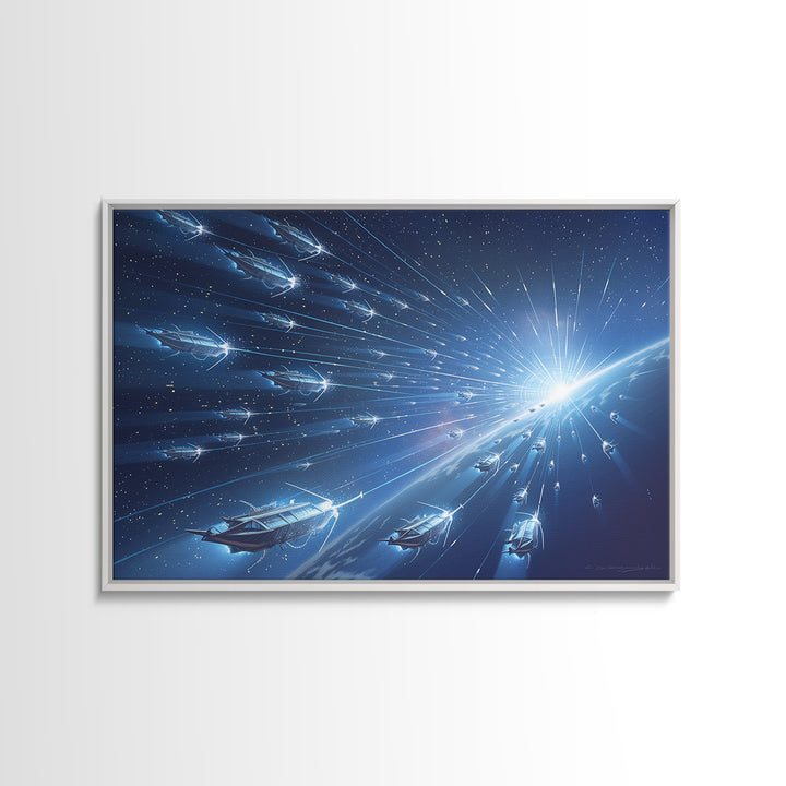Blue Starship Fleet Racing Toward Sunrise Wall Art, Afrofuturism Decor, Sci Fi Space Art, Modern Canvas Print For Office Decor