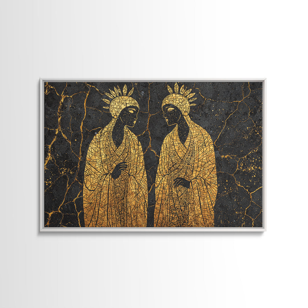 Gold Mosaic Sacred African Figures On Black Stone Wall Art, Spiritual Wall Decor, Black And Gold Art, Framed Canvas Print